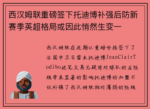 西汉姆联重磅签下托迪博补强后防新赛季英超格局或因此悄然生变一