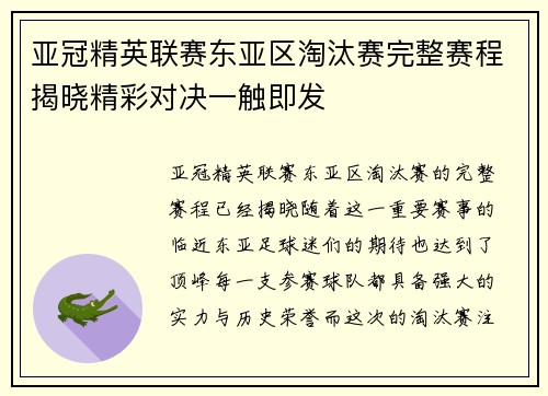 亚冠精英联赛东亚区淘汰赛完整赛程揭晓精彩对决一触即发